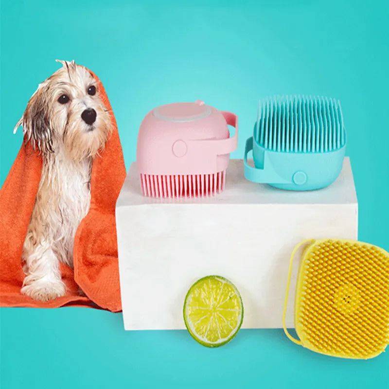 Luva de Banho para Cães com Escova de Massagem em Silicone e Caixa de Shampoo.